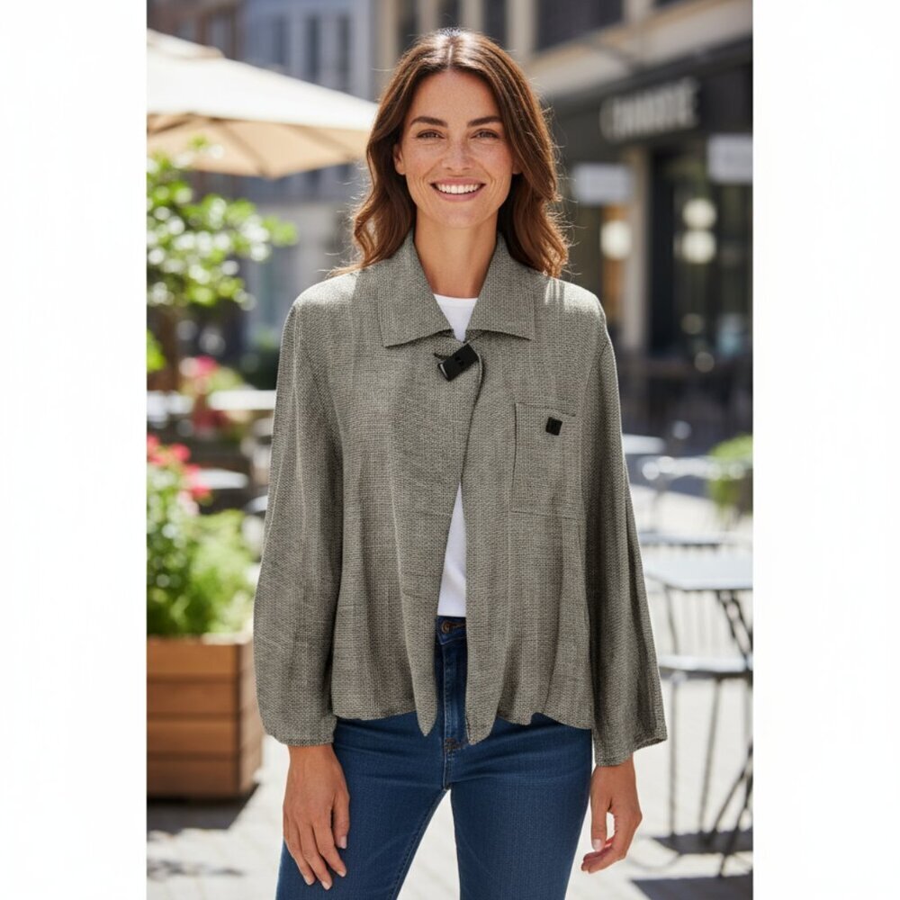 CAROLINE ROSE Beige & Black Woven Linen Blend Jacket Size Large Lagenlook